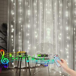 6.6FT X 6.6FT Christmas Curtain Lights Battery Operated Window Backdrop Light Curtain Fairy Light for Room, Sound Activated Music Sync Light Waterproof (White)