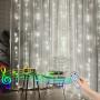 6.6FT X 6.6FT Christmas Curtain Lights Battery Operated Window Backdrop Light Curtain Fairy Light for Room, Sound Activated Music Sync Light Waterproof (White)