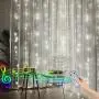 6.6FT X 6.6FT Christmas Curtain Lights Battery Operated Window Backdrop Light Curtain Fairy Light for Room, Sound Activated Music Sync Light Waterproof (White)