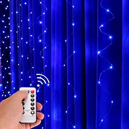 LED Light Curtain String - 300 LED 9.84FT Curtain with Lights, USB Powered 8 Mode Setting White Curtain Lights for Bedroom, Party Christmas, Valentines Day, Wedding (Blue)