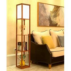 Garwarm LED Shelf Floor Lamp -Asian Wooden Frame-Tall Lights with Organizer Storage Display Shelves-Modern Standing Lamps for Living Room Bedrooms,Brown