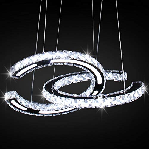 Modern 2 C Rings Crystal Chandelier Light Fixtures LED Pendant Lamp Adjustable Stainless Steel Ceiling Lights for Living Room Bedroom Dinning Room Indoor Lighting (Cool White)