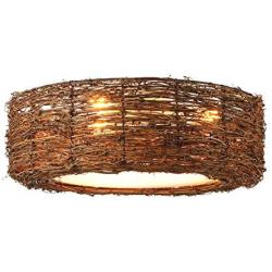 KWOKING Rustic Woven Light Fixture Modern Design Natural Material 3 Lights Flush Mount Ceiling Light with Drum Shape Rattan Ceiling Light for Dining Room,Bedroom, Entry 19.69inch