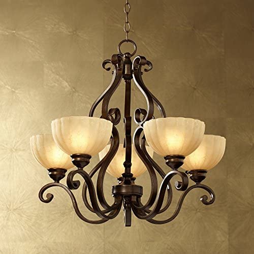 Iron Scroll Golden Bronze Chandelier 28'' Wide Amber Scalloped Glass 5-Light Fixture for Dining Room House Foyer Kitchen Island Entryway Bedroom Living Room - Franklin Iron Works