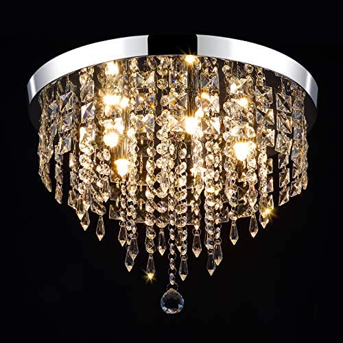 WIFUME Crystal Chandelier, Modern Chandeliers Lighting Fixture, 5 Lights Elegant Flush Mount Ceiling Light for Hallway, Kitchen, Dining Room, Bedroom, Living Room, Wide15.8''