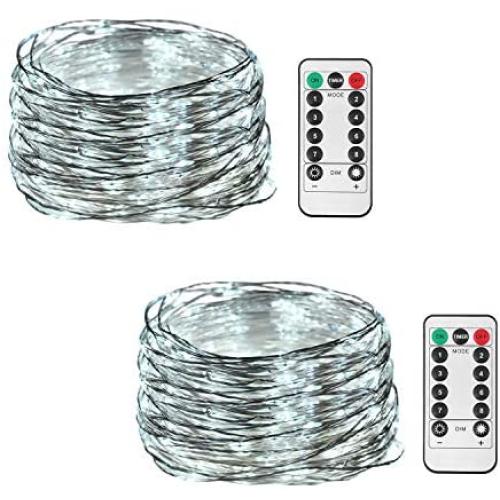 HONGM 2 Pack 100 LED 32.8ft 8 Modes Remote Control Battery Operated Waterproof Dimmable Fairy String Copper Wire Lights for Wedding, Bedroom, Patio, Party, Christmas, (White 2 Pack)