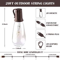 PARTPHONER Outdoor String Lights, 20Ft ST40 Patio Lights Edison Glass Bulbs Hanging Lights, Weatherproof Connectable Vintage Bistro Lights for Garden Backyard Porch Balcony Wedding Party Decor, Brown