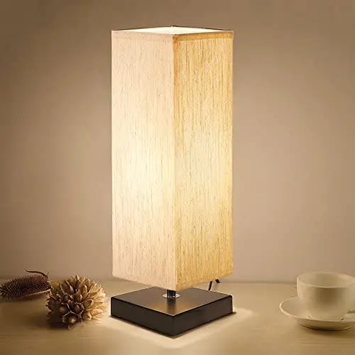 Bedside Table Lamp, Aooshine Minimalist Solid Wood Table Lamp Bedside Desk Lamp with Square Flaxen Fabric Shade for Bedroom, Dresser, Living Room, Kids Room, College Dorm, Coffee Table, Bookcase