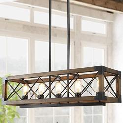 Island Light Fixtures, Rectangular Wood Farmhouse Chandelier for Dining Rooms, 5-Light Kitchen Island Lighting