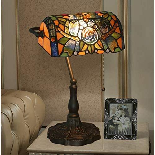 Fiunkes 10.6 Inches Bankers Table Lamp,Tiffany Style Beautiful Yellow Dragonfly Stained Glass Vintage Bedside Lamp Desk Lamp for Living Room Coffee Bedroom Bar