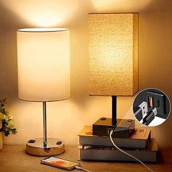 Bedside Table Lamps Set of 2, 3-Way Dimmable Touch Control Nightstand Lamp with QC 3.0 USB Port PD 3.0 Type-C Port AC Outlets Fabric Lampshade Desk Reading Lamp for Bedroom Living Room (Bulb Included)