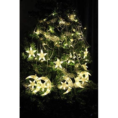 138 LED Moon Star Window Curtain String Lights Fairy Lights 8 Flashing Modes Decoration Remote Control for Christmas Home Holiday Festival Party Wedding Bedroom Indoor Outdoor Decor (Warm White)