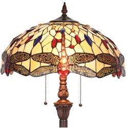 Capulina Tiffany Style Floor Light, Beautiful Dragonfly Style Tiffany Pole Lamp, 2 Light Tiffany Floor Lamp, 18 Inches Wide Stained Glass Floor Lamps, Standing Lamp, Leaded Glass Floor Lamp