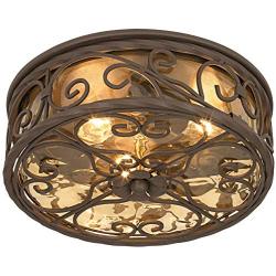 Casa Seville Rustic Outdoor Ceiling Light Fixture Dark Walnut Iron Scroll 12'' Champagne Water Glass Damp Rated for Exterior House Porch Patio Deck - John Timberland