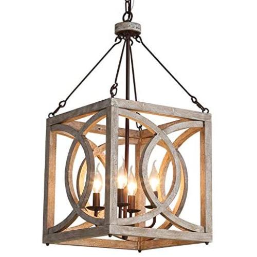 Cottage Rustic 4-Light Wooden Chandelier Vintage Wood and Metal Farmhouse Pendant Light Fixture Kitchen Island Ceiling Lighting Chandeliers for Dining Room, Living Room, Foyer