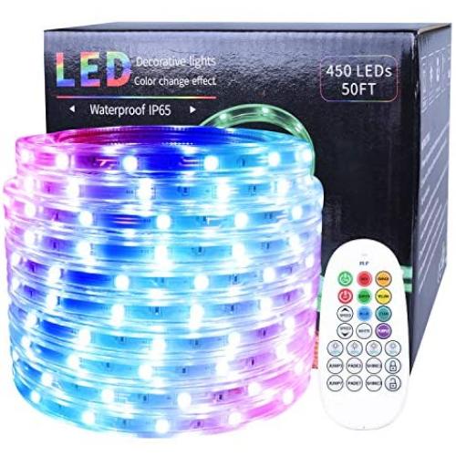 LED Rope Lights 50ft / 15m RGB Dimmable Strip Lighting Kit, Flexible 450 LED, 110V, Waterproof, Male and Female connectors, Power Plug Built-in Fuse Design, RF Controller