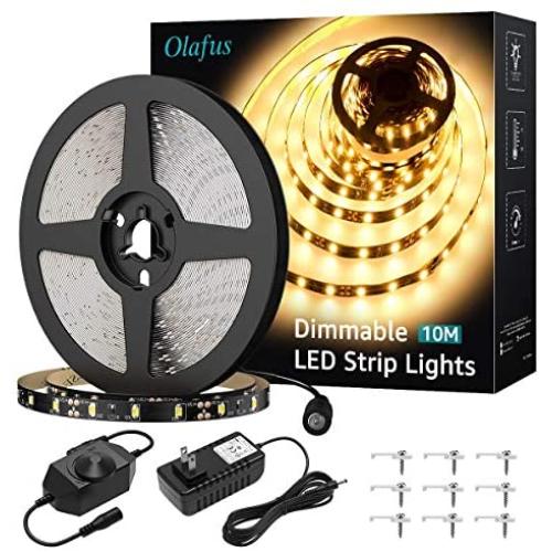 Olafus 32.8ft LED Strip Lights Warm White Dimmable, 12V Flexible Under Cabinet Lighting Strips Kit, 10m 600 LEDs 2835, 3000K Bright Tape Lighting for Indoor Bedroom, UL Listed Plug Supply
