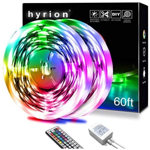 hyrion Led Strip Lights 60ft, 2 Rolls of 30ft RGB Led Lights Strip Kit with 44 Keys Remote Color Changing Led Lights for Bedroom, Home, Kitchen Decoration