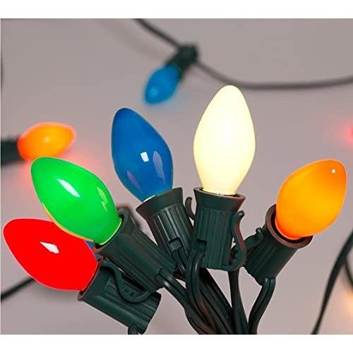 25Ft Outdoor C7 Multicolored Ceramic Christmas Lights String Set - Indoor/Outdoor Christmas Light String - Christmas Tree Lights - Hanging Christmas Lights - Outdoor Patio String Lights - Green Wire