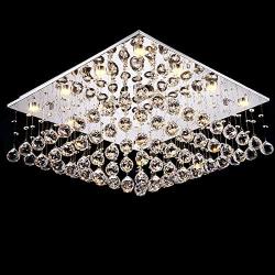 7PM Modern Square K9 Crystal Chandelier Contemporary Elegant Ceiling Light Fixture Flush Mount for Living Room Bedroom Dining Room Kitchen Island W24'' x H13 16 Lights