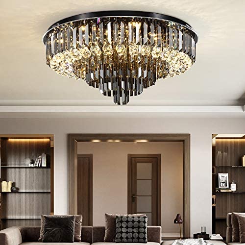 LITFAD Smoke Gray Crystal Flush-Mount Light Modern LED Bedroom Ceiling Light Modern Art Deco Chandelier Pendant Light for Dining Room Living Room Hotel - 19.5'' (50 cm) Wide