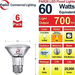 Explux Classic Full Glass LED PAR20 Flood Light Bulbs, High-Output 700 Lumens, 4100K Cool White 6-Pack, Dimmable, 60W Equivalent, Indoor/Outdoor