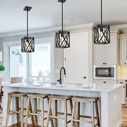 TODOLUZ 1-Light Farmhouse Pendant Light Black Cage Hanging Ceiling Lights with Clear Glass Shade for Kitchen Hallway Dining Room Foyer Bedroom