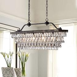 Edvivi 4-Light Antique Bronze Rectangular Linear Crystal Chandelier Dining Room Ceiling Fixture | Glam Lighting