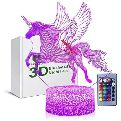3D Illusion Monocerous Unicorn Night Lamp 16 Color Change Touch White Crack Base with Remote Controller