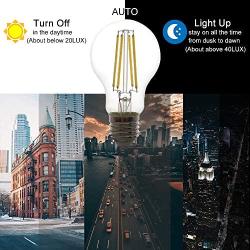 Yueximei A19 Dusk to Dawn Light Sensor LED Bulb, Filament Lamp, 6W 60W Equivalent, E26 5000K, 650 Lumens, Auto On/Off, Indoor Outdoor Lighting Lamp for Porch, Garage, 4 Pack