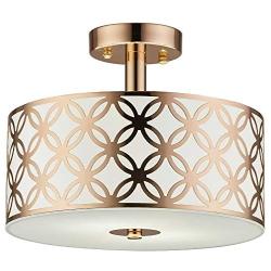 COTULIN Modern Gold Semi Flush Mount Ceiling Light,Ceiling Light Fixture with Round Drum Steel and Glass Shade for Dining Room,Hallway,Living Room,Bedroom