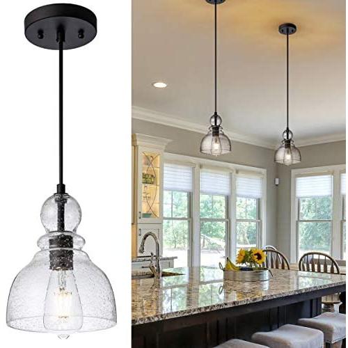 Farmhouse Bell Pendant Lighting, Kitchen Ceiling Lighting with Clear Seeded Glass Shade 10inch Adjustable Handblown Hanging Light for Kitchen Island Sink Dining Room Bars Fixture (2-Pack）