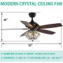 Black Ceiling Fan with Light Kit Crystal Chandeliers Fan Light 52'' Metal Indoor Mute Quiet 5 Reversible Blades Remote Control Ceiling Fan Light 52-Inch Living Room Bedroom Crystal Fan Light