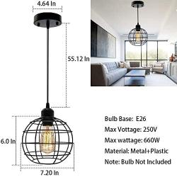Industrial Pendant Light Fixture, Metal Cage Black Pendant Light, E26 Socket Vintage Hanging Ceiling Lamp, Max 660W, Farmhouse Pendant Lighting for Kitchen Island Dining Room (Globe Pendant Light)