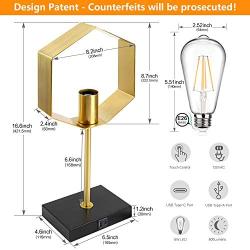 Industrial Touch Control Table Lamp with USB & Type-C Charging Ports, 3-Way Dimmable Gold Bedside Desk Lamps, Vintage Hexagon Nightstand Lamp for Bedroom Living Room Office, ST64 E26 LED Bulb Included