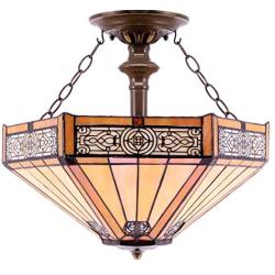 Tiffany Ceiling Fixture Lamp Semi Flush Mount Light W16H15 Inch Yellow Stained Glass Mission Hexagon Shade S011 WERFACTORY Lover Living Room Bedroom Study Office Coffee Island Bar Hallway Dining Room