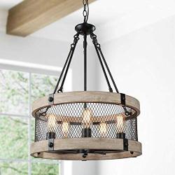 KSANA Wood Farmhouse Drum Chandelier, Metal Cage 5 Lights Pendant Lighting Fixture for Dining Room, Bedroom, Foyer, Living Room, Bathroom, Kitchen, Entryway