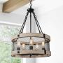 KSANA Wood Farmhouse Drum Chandelier, Metal Cage 5 Lights Pendant Lighting Fixture for Dining Room, Bedroom, Foyer, Living Room, Bathroom, Kitchen, Entryway