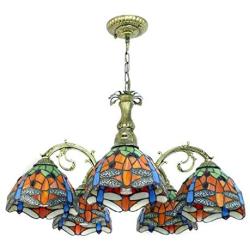 LITFAD 110V-120V 5 Lights Pendant Light Tiffany Stained Glass Dragonfly Patterned Chandelier in Wrought Iron Style Ceiling Hanging Light for Coffee Shop Restaurant Dining Room Living Room