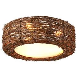 KWOKING Modern Design Rattan Ceiling Light 3 Lights Natural Material Flush Mount Ceiling Light with Drum Shape Rustic Woven Light Fixture for Dining Room,Bedroom, Entry 15.75inch