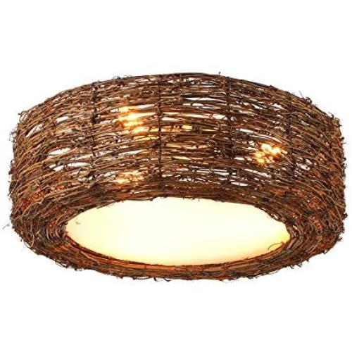 KWOKING Modern Design Rattan Ceiling Light 3 Lights Natural Material Flush Mount Ceiling Light with Drum Shape Rustic Woven Light Fixture for Dining Room,Bedroom, Entry 15.75inch