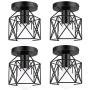 Lakumu 4 Pack Industrial Semi Flush Mount Ceiling Light Fixtures, E26 Retro Vintage Farmhouse Ceiling Cage Lights, Black Metal Rustic Ceiling Lamp for Hallway Stairway Entryway Kitchen Bedroom Balcony