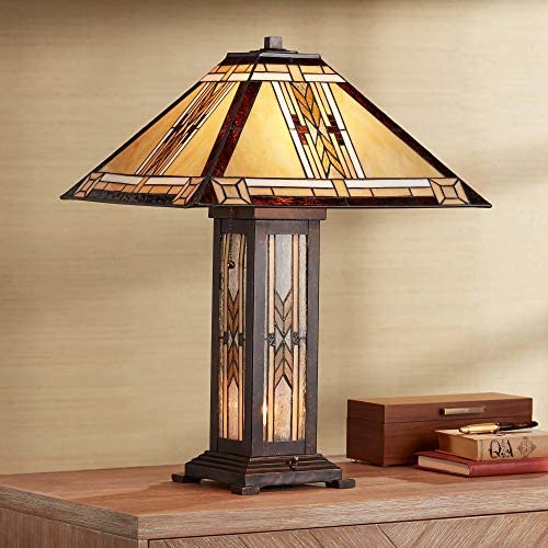 Drake Tiffany Style Table Lamp with Nightlight Mission Bronze Stained Glass for Living Room Family Bedroom Bedside - Franklin Iron Works Drake Tiffany Style Table Lamp with Nightlight Mission Bronze Stained Glass for Living Room Family Bedroom Bedside - Franklin Iron Works