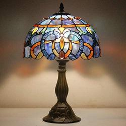 Tiffany Style Lamp Stained Glass Table Reading Light Blue Purple Cloud Shade W12H18 Inch S558 WERFACTORY Lamps Parent Lover Living Room Bedroom Office Study Bedside Bookcase Desk Antique Craft Gift