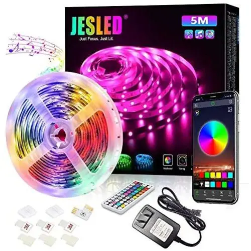 16.4ft Led Strip Lights, JESLED Bluetooth Led Lights Color Changing kit with 44 Keys IR Remote Controller and 24V Power Supply Led Light Strips for Bedroom Kitchen TV Music Sync Party Home Decoration