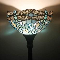 Tiffany Floor Lamp Torchiere Up Lighting W12H66 Sea Blue Stained Glass Crystal Bead Dragonfly Shade Antique Standing Iron Base 1E26 Foot Switch S147 WERFACTORY Lamps Home Office Decoration Gifts