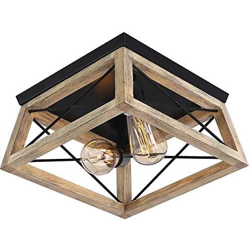 Farmhouse Ceiling Light Fixture 2 Light, Industrial Flush Mount Ceiling Light with Wood Finish for Hallway, Entryway, Passway, Dining Room, Bedroom, Balcony,Farmhouse