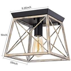 Pauwer Industrial Flush Mount Ceiling Light Farmhouse Rustic Metal Cage Close to Ceiling Lighting Fixture Faux Wood Paint