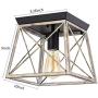 Pauwer Industrial Flush Mount Ceiling Light Farmhouse Rustic Metal Cage Close to Ceiling Lighting Fixture Faux Wood Paint