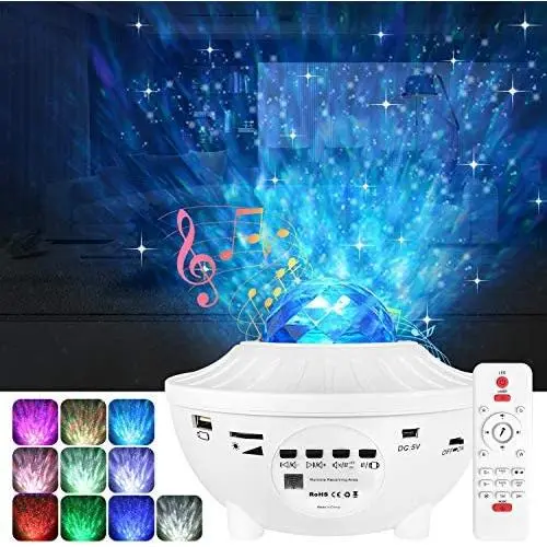 Night Light Projector with Remote Control, 2 in 1 Star Projector Light with LED Nebula Cloud Projector, Moving Ocean Wave for Kids Baby Bedroom, Built-in Bluetooth Music Speaker, Voice Control (White)